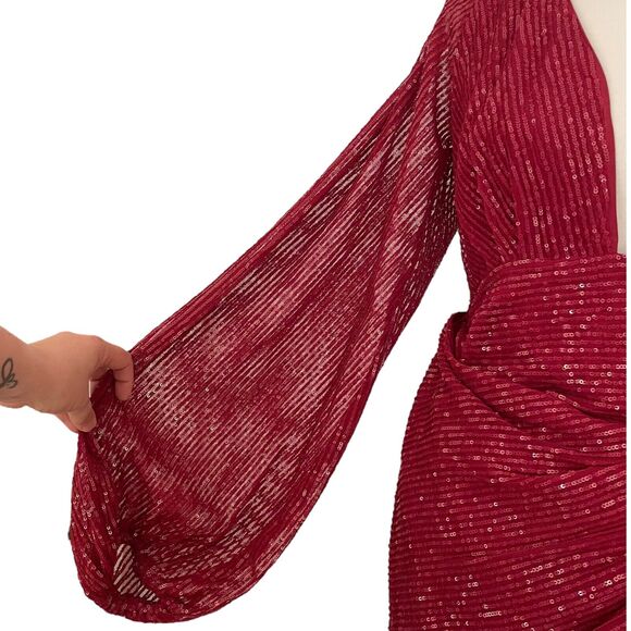 Asos Design Red Sequin Deep Plunge Drape Detail Skirt Mini Dress Women’s Size 8 - Picture 6 of 12